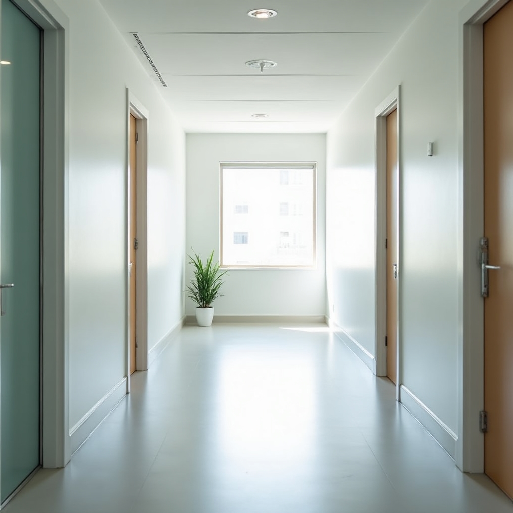 Bright veterinary clinic hallway with natural light and clean modern design